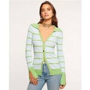 NWT Ramy Brook “Raya” Stripe Knit Button-front Sweater, in light blue and green